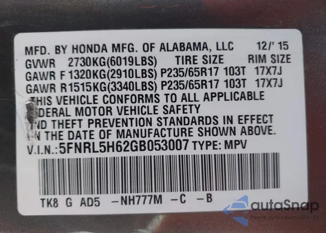 2016 Honda Odyssey Ex-L z USA, uszkodzony, nr VIN 5FNRL5H62GB053007